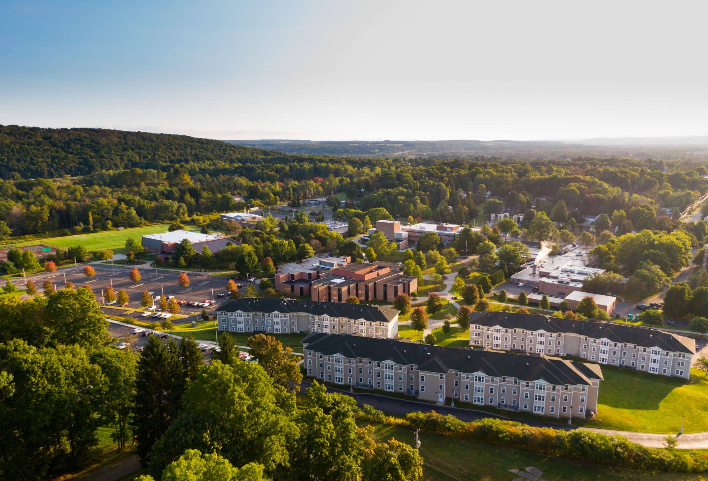 A drone shot of the buildings making up Jamestown Community College.